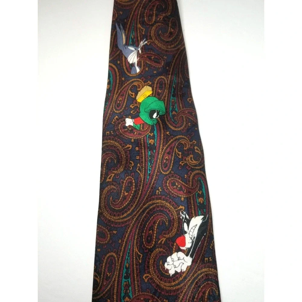 Looney Tunes‎ Characters Paisley Blue Teal Wine Textured Polyester Pointed Tie